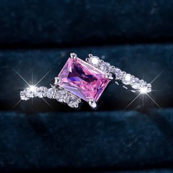 NEW 18k White Gold Pink Sapphire Diamond Ring Emerald Cut Ring - Picture 3 of 6